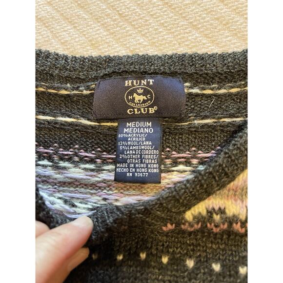 Vintage 90s Hunt Club Pink Gray Hearts Fair Isle Nordic Wool Blend Sweater M - Picture 3 of 5